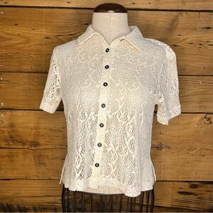 Teddi Petite Button Up Cream Ivory Sheer Lace Boho Top Overshirt